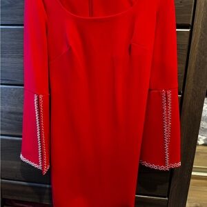 Calvin Klein Red Long Sleeve Dress with Embellished Cuffs